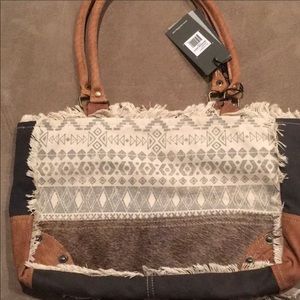 Fringed Geometric Canvas & Leather Bag